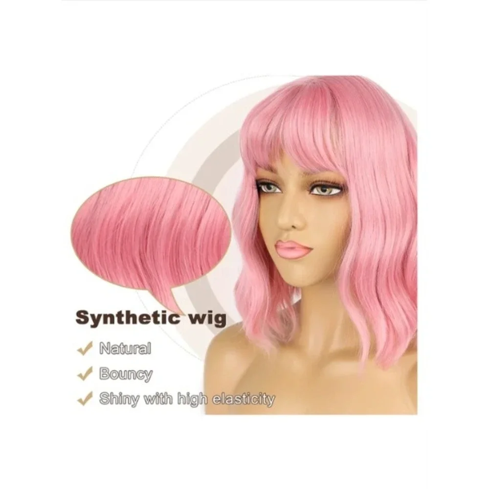 LANCAINI Pink Short Bob Wig with Bangs Wavy Curly Synthetic Cosplay Wig